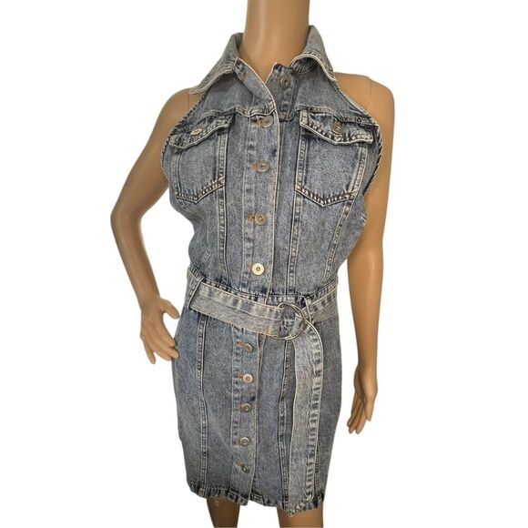 Vintage Skylar Rose Denim Button Up Halter Mini Dress With Belt - Picture 1 of 4